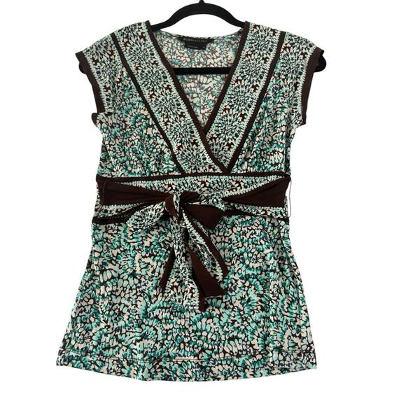 BCBG MaxAzria XS Aqua Brown Floral print faux wrap tie top #4487 - Picture 9 of 12